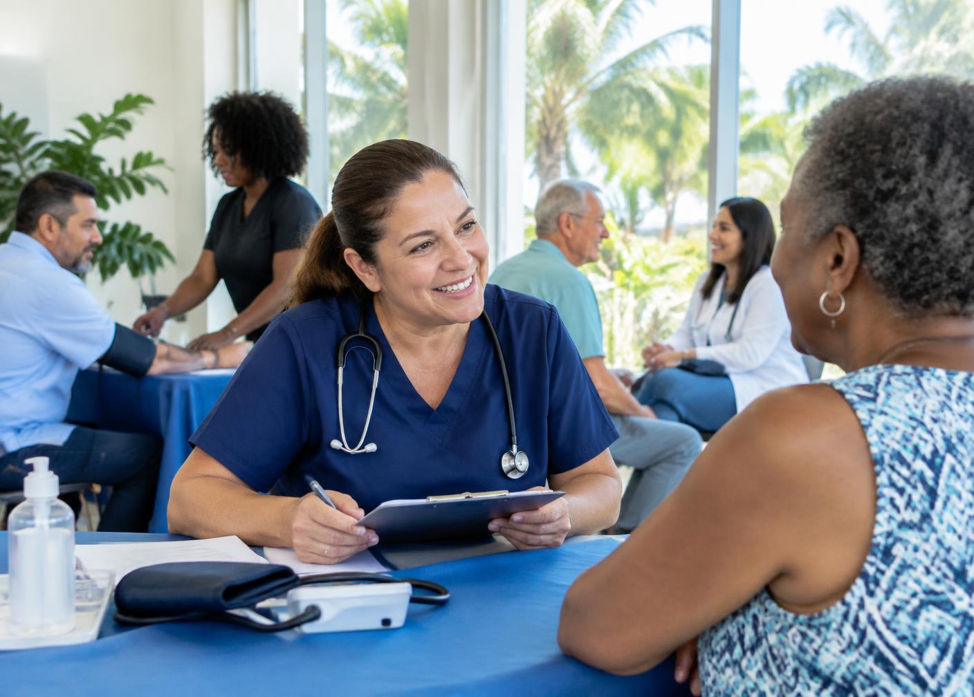 Healthcare professional speaking with community members at a health event
