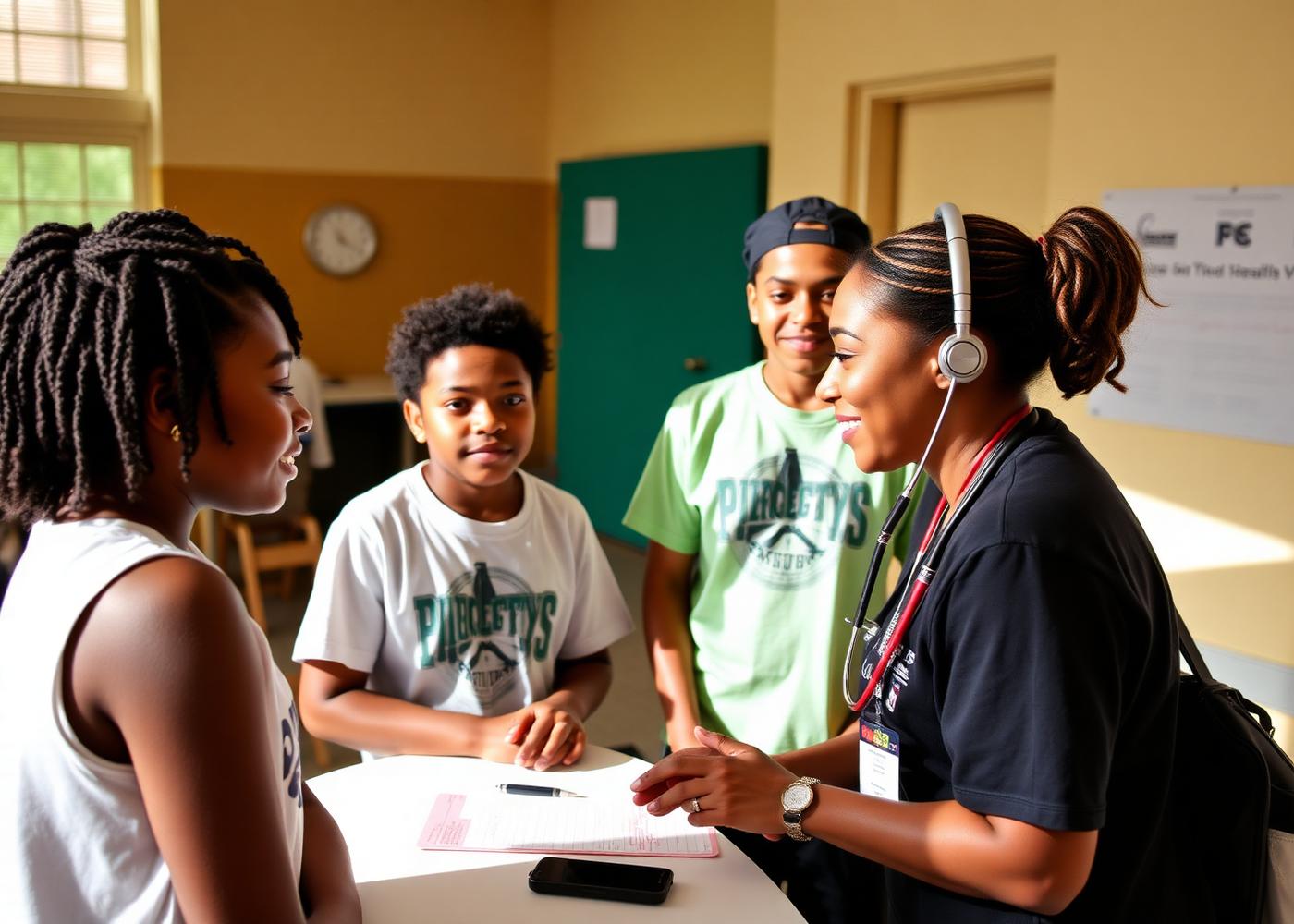Nurse speaking with student athletes at a school health event